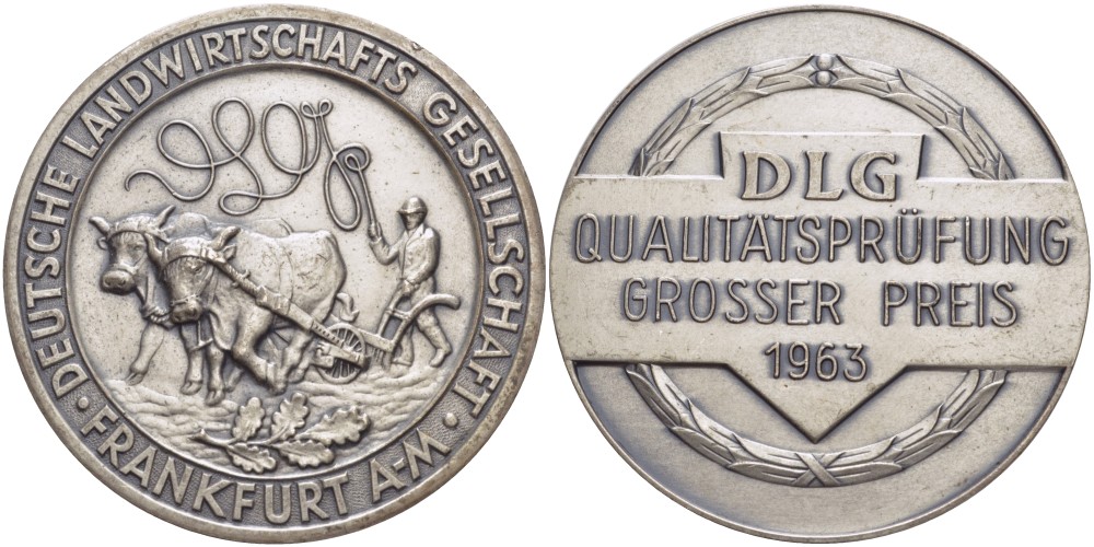 ФРГ медаль 1963 приз "DLG"  за первое место от немецкого сельскохозяйственного общества Франкфурта-на-Майне, диаметр 61 мм.  белый металл    1089-3-13