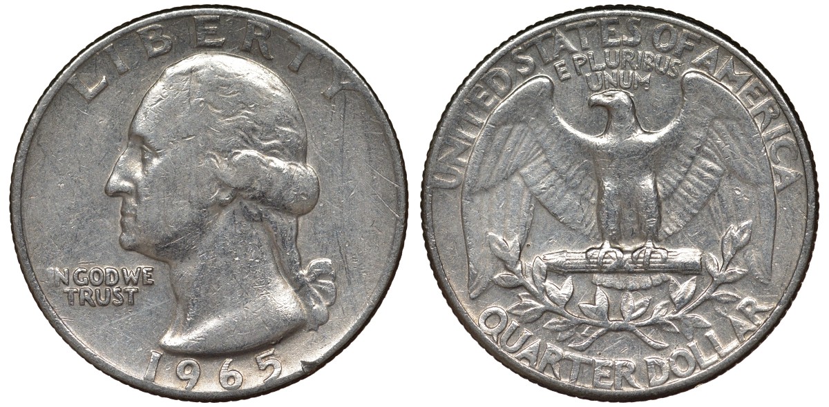 США 25 центов (квотер) 1965 Вашингтон KM 164а медь плакированная медно-никелем 4128-622