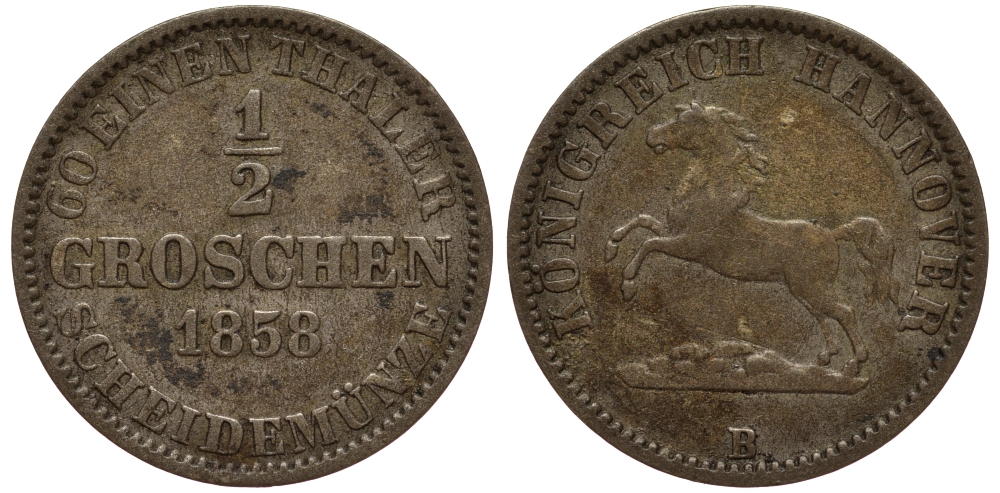 ГАННОВЕР 1/2 ГРОША 1858 B, ГЕОРГ V (1851-1866) KM 235 серебро 1517-715