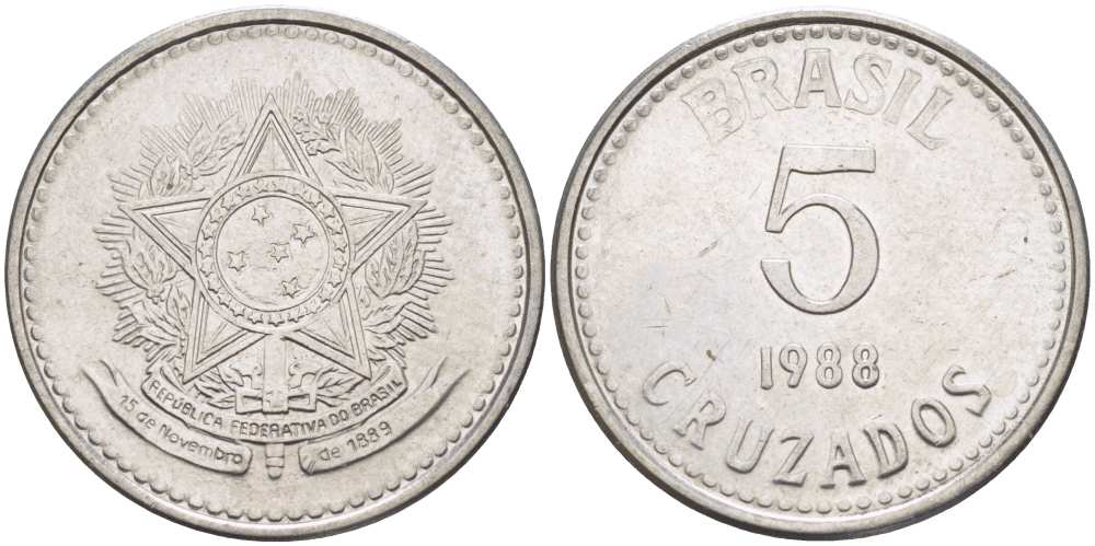 Бразилия 5 крузадо 1988 реформа 1986-1989 KM 606 нержавеющая сталь 67-541