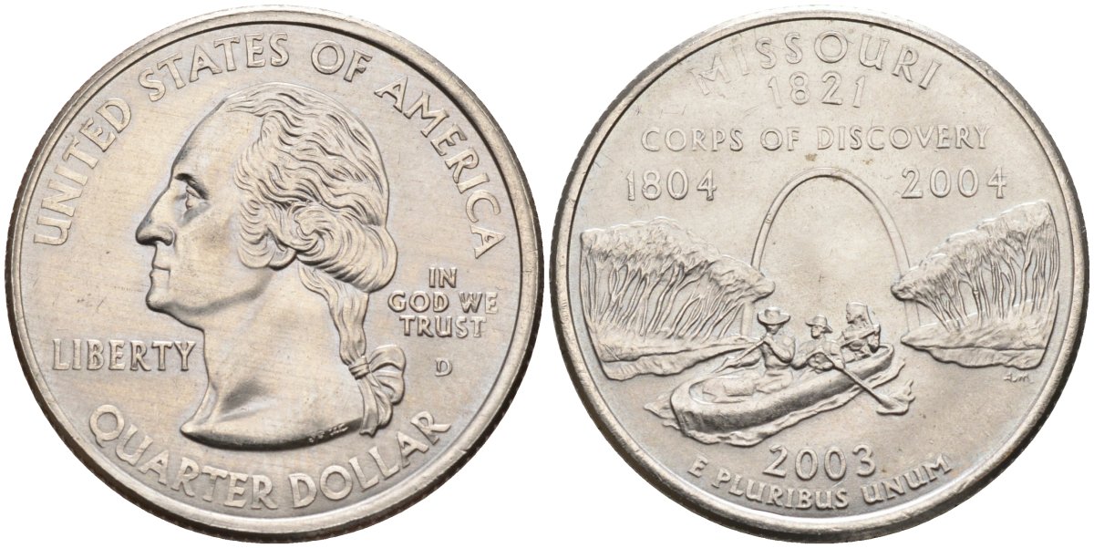 США 25 центов = квотер 2003 D, серия штаты США, Миссури KM 346 медь плакированная медно-никелем 4586-156