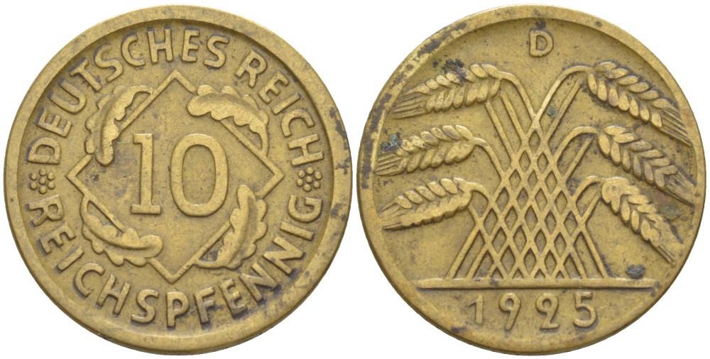 ГЕРМАНИЯ 10 РЕЙХСПФЕННИГОВ 1925 D, ВЕЙМАРСКАЯ РЕСПУБЛИКА KM 40, J. 317, Weege 9 алюминиевая бронза 216-1012