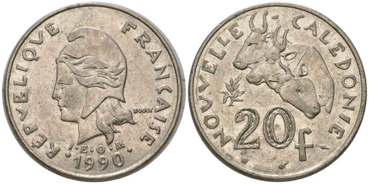 Французская Новая Каледония 20 франков 1990 три быка, (IEOM) KM 12, Schoen 14, Lec 113 никель 4123-1225