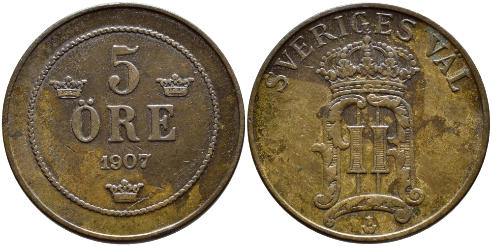 Швеция 5 эре 1907 Оскар II (1872-1907) король Швеции KM 770 бронза 4395-1016