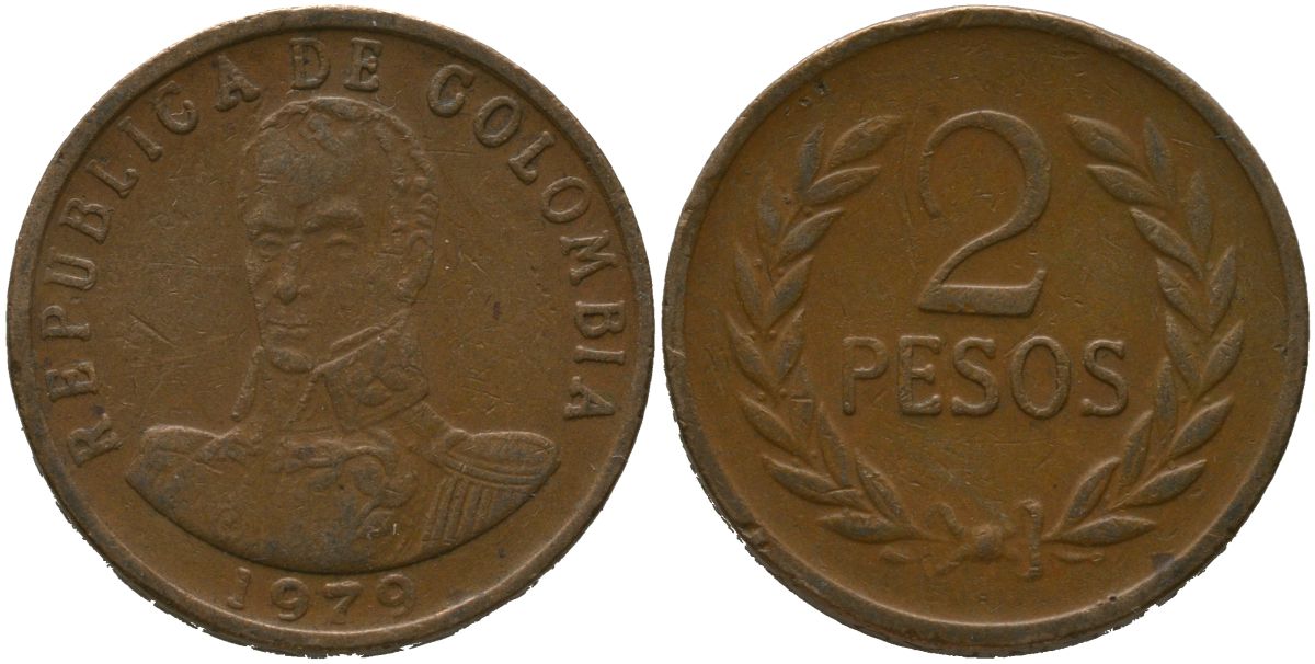 Колумбия 2 песо 1979 KM 263 бронза 4538-157