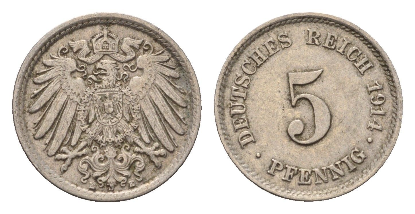 Германия 5 пфеннигов 1914 E KM 11, J. 12 медно-никель 4696-654
