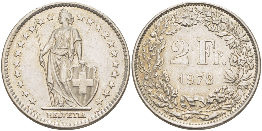 ШВЕЙЦАРИЯ 2 ФРАНКА 1978 KM 21а.1 медно-никель 84-1045