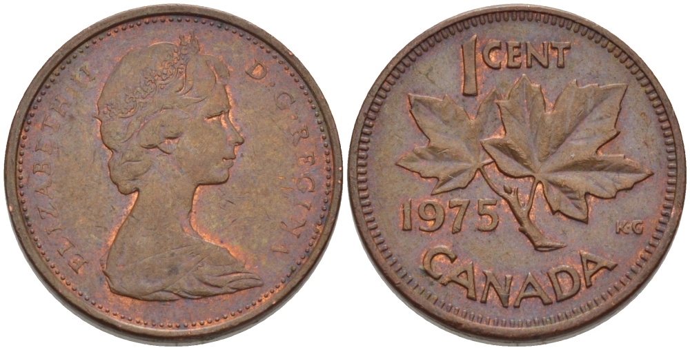 Канада 1 цент 1975 Елизавета II (1952-2022), кленовый лист KM 59.1 бронза 96-265