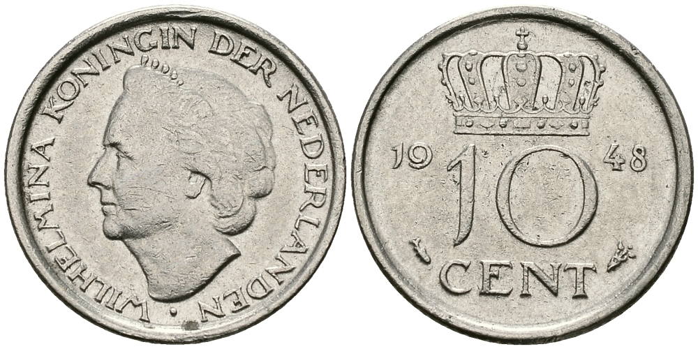 Нидерланды 10 центов 1948 Вильгельмина (1895-1948) KM 177 никель 96-539