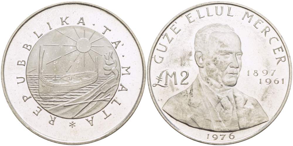 Мальта 2 фунта 1976 Шуже Эллул Мерсер (1897-1961) KM 40 серебро BUNC 4527-333