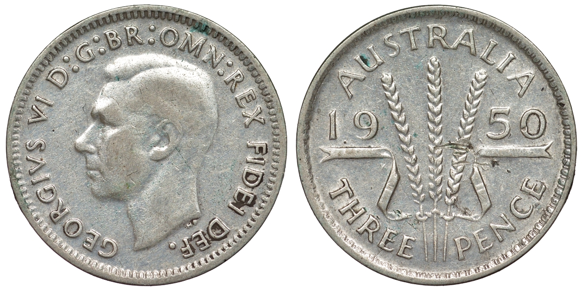 Австралия 3 пенса 1950 m, Георг VI (1937-1952), без букв KM 44 серебро 71-258