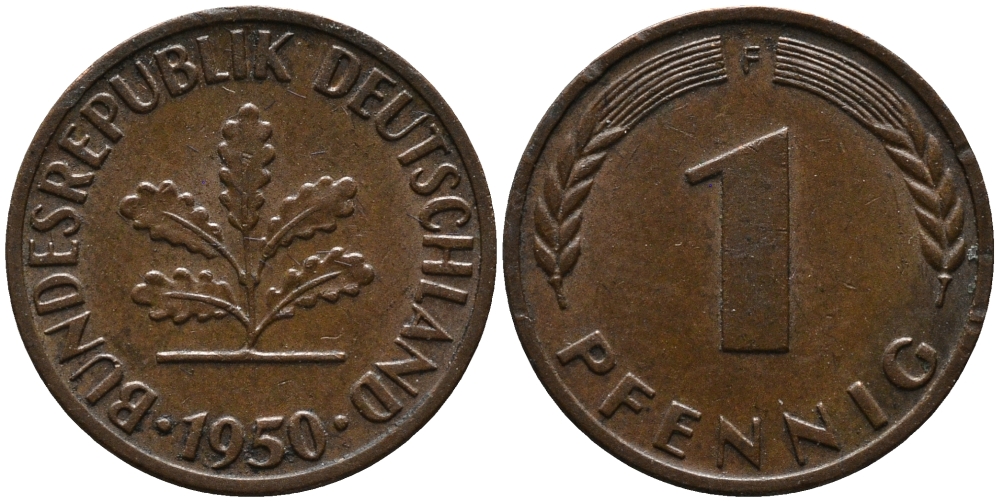 ФРГ 1 пфенниг 1950 F KM 105, J.380 сталь плакированная медью 99-245