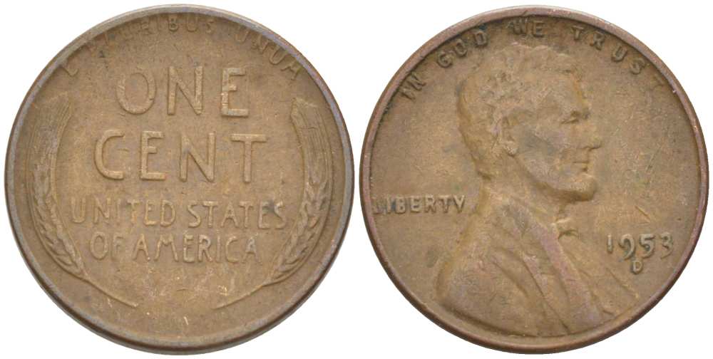 США 1 ЦЕНТ 1953 D, ЛИНКОЛЬН KM А132 медь цинк 218-251
