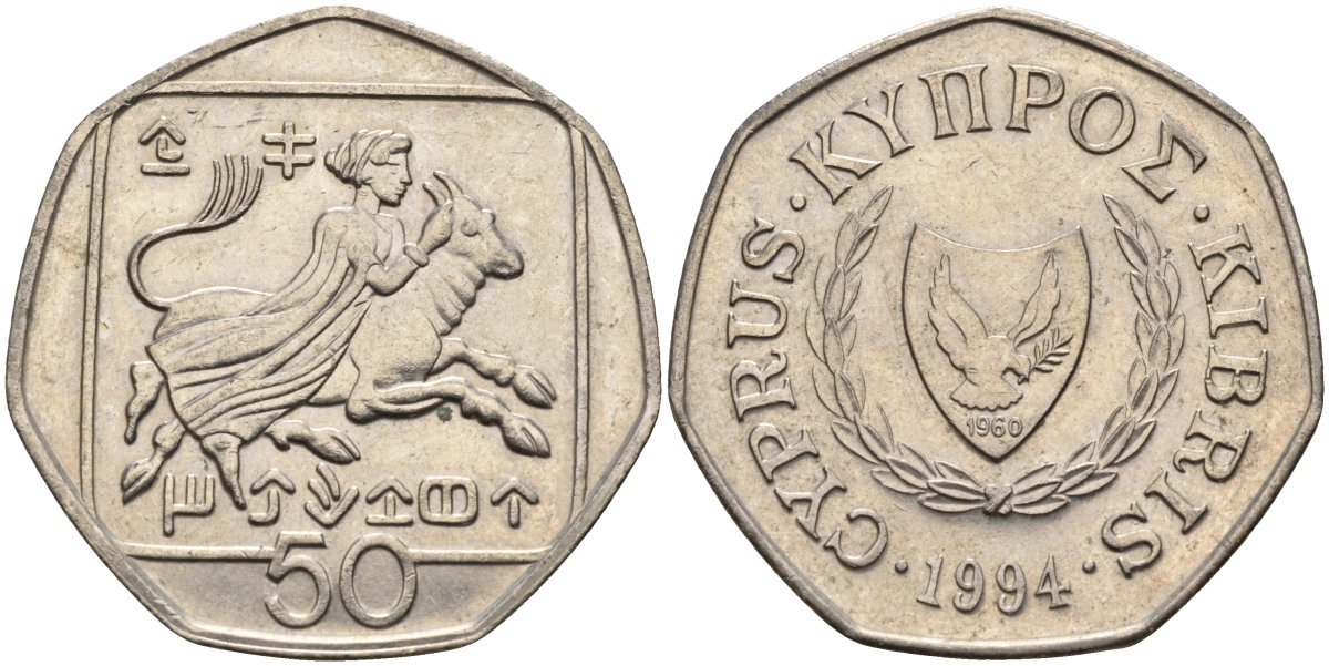 Кипр 50 центов 1994 похищение Европы KM 66 медно-никель 4141-1237