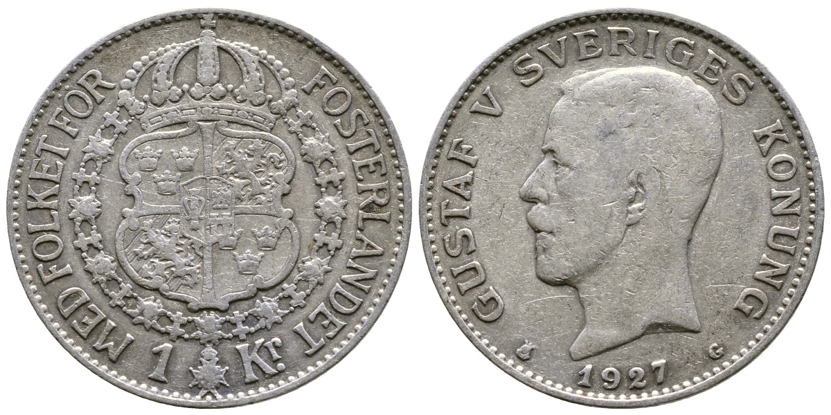 Швеция 1 крона 1927 G, Густав V KM 786.2 серебро 4178-623