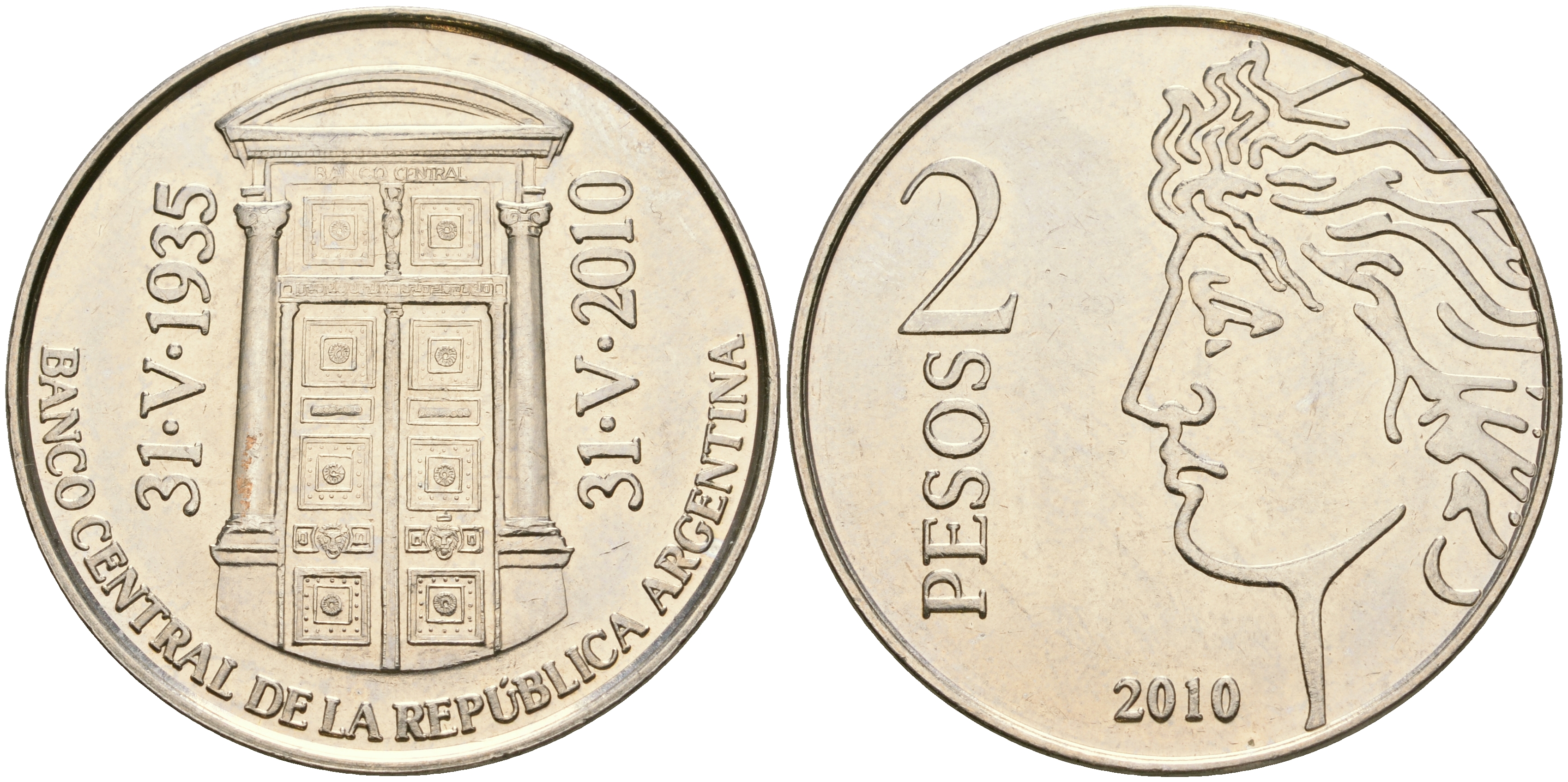 Аргентина 2 песо 2010 75 лет Центральному Банку KM 162 медно-никель UNC 4607-625