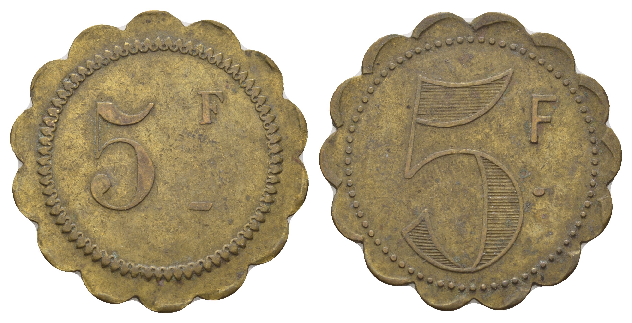 Франция 5 франков начало XX века d около 35 мм, вес около 7,4 гр платежный жетон латунь 4683-145