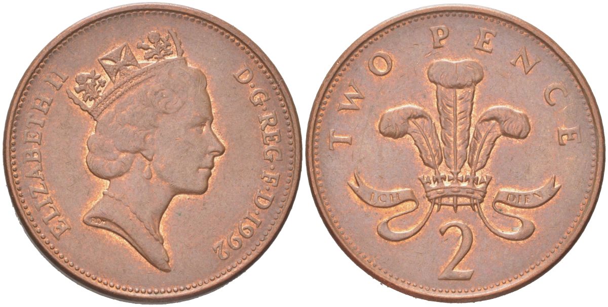 Великобритания 2 пенни 1992 Елизавета II (1952-2022) KM 936a, Spink C4 сталь плакированная медью 4128-225