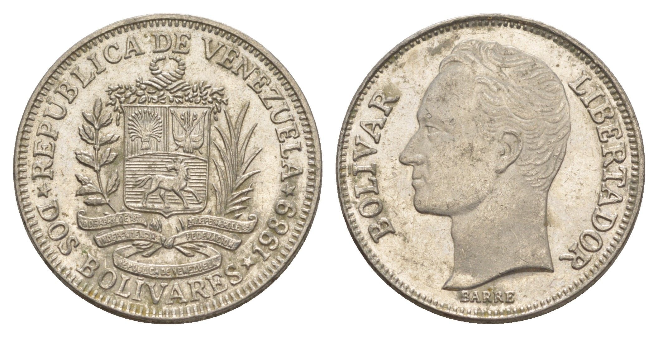 Венесуэла 2 боливара 1989 Симон Боливар Y 43a сталь плакированная никелем 4590-625