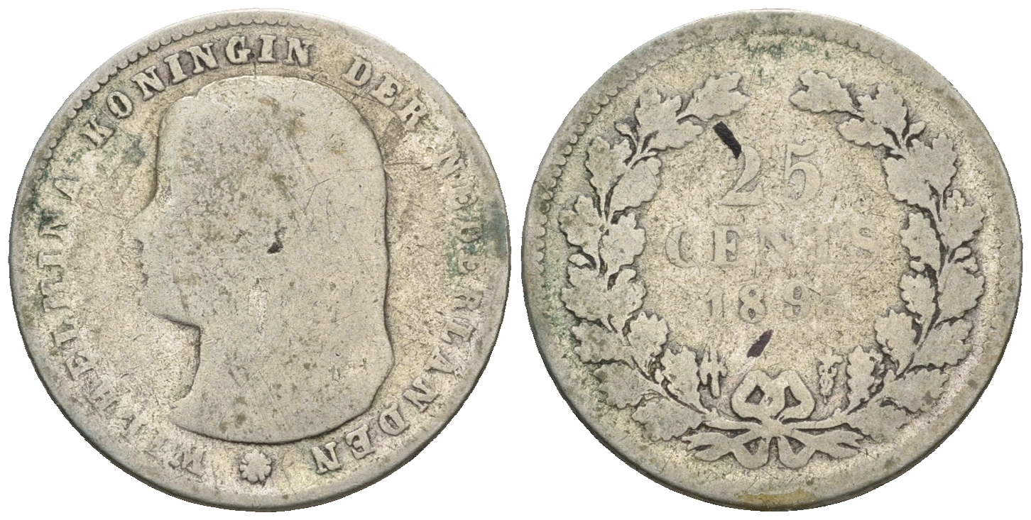 Нидерланды 25 центов 1896 Вильгельмина (1890-1948) KM 115 серебро 4609-755