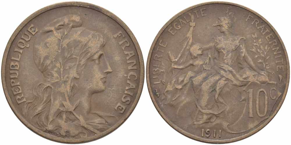 ФРАНЦИЯ 10 САНТИМОВ 1911 ТИП ДАНИЭЛЬ ДЮПЮИ KM 843, LA FRANC 136.21 бронза 109-245