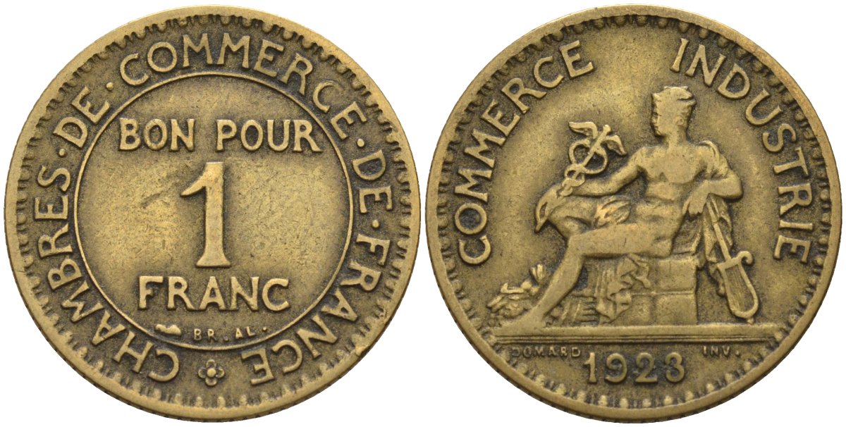 Франция 1 франк 1923 KM 876, Le Franc 218.5 алюминиевая бронза 4142-735