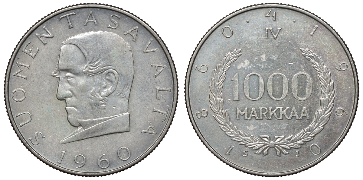 Финляндия 1000 марок 1960 S-J, 100 лет марочной системе Снеллмана (1860-1960) KM 43 серебро    1531-322