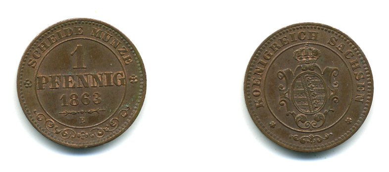 САКСОНИЯ 1 ПФЕННИГ 1863 B, ЙОХАНН (1854-1873) KM 1216 медь 54-931