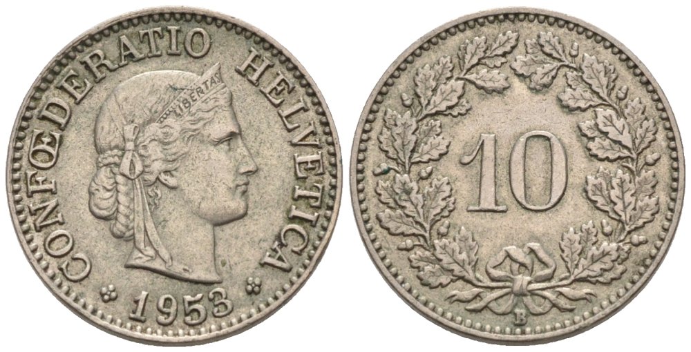 Швейцария 10 раппенов 1953 В KM 27 медно-никель 4576-945