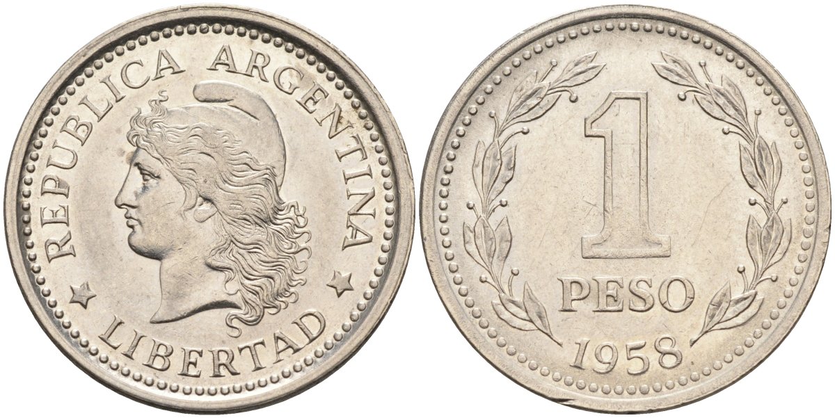 Аргентина 1 песо 1958 голова свободы влево KM 57 сталь плакированная никелем 4586-1226