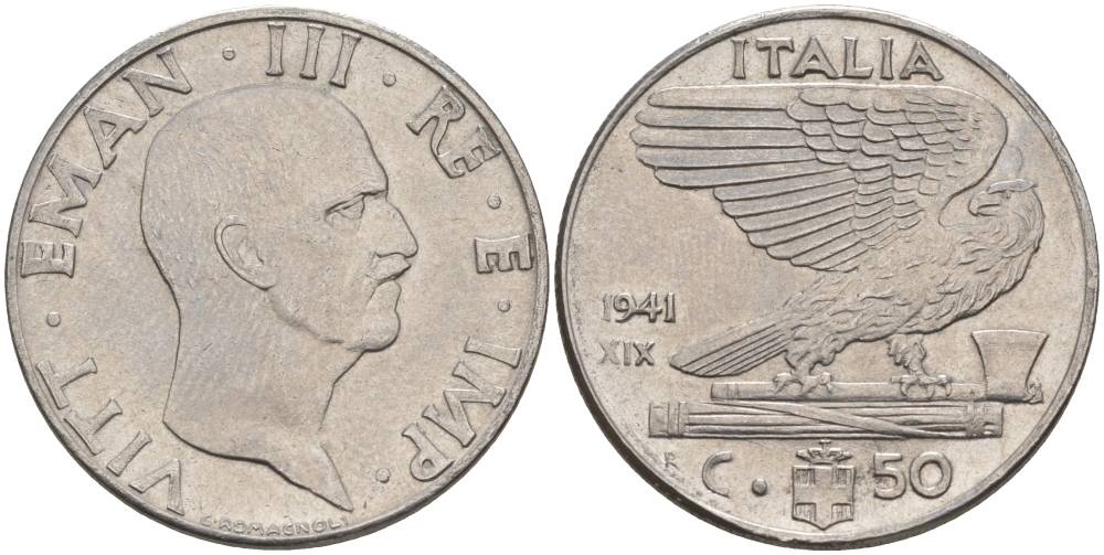 ИТАЛИЯ 50 ЧЕНТЕЗИМО 1941 R, ГОД XIX, ВИКТОР ЭММАНУИЛ III (1900-1946) KM 76b, VEM3. 1063 нержавеющая сталь 3853-411