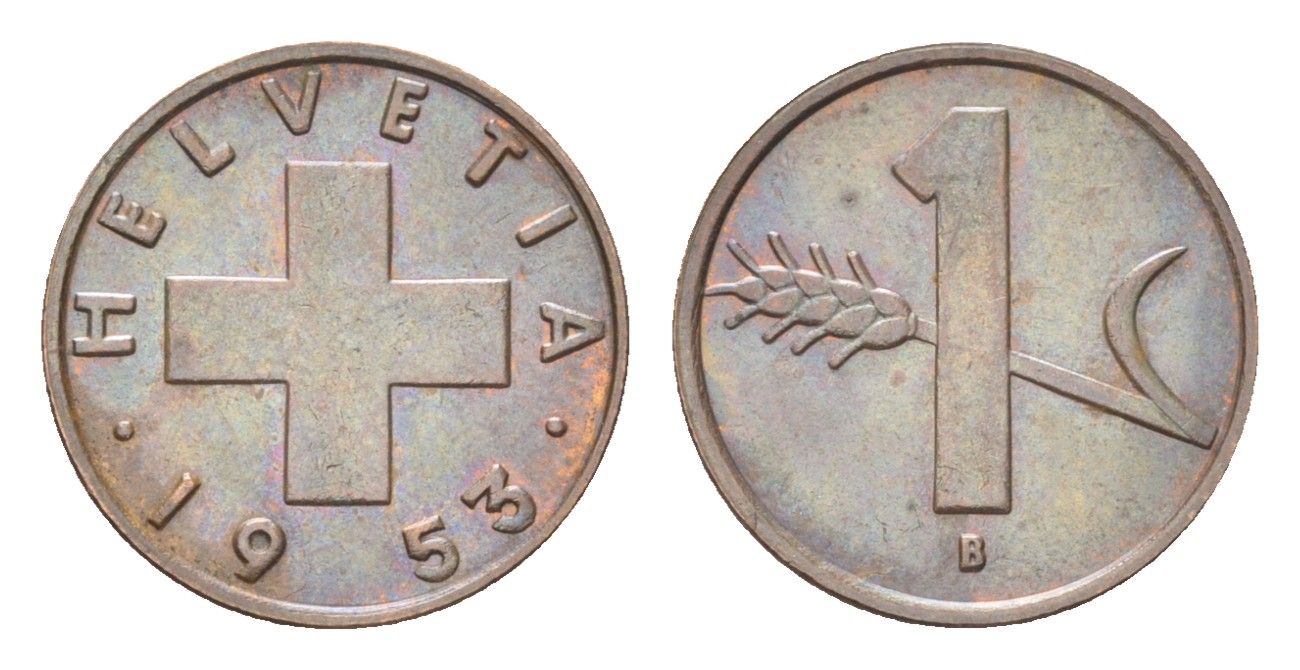 Швейцария 1 раппен 1953 B KM 46 бронза 4705-1166