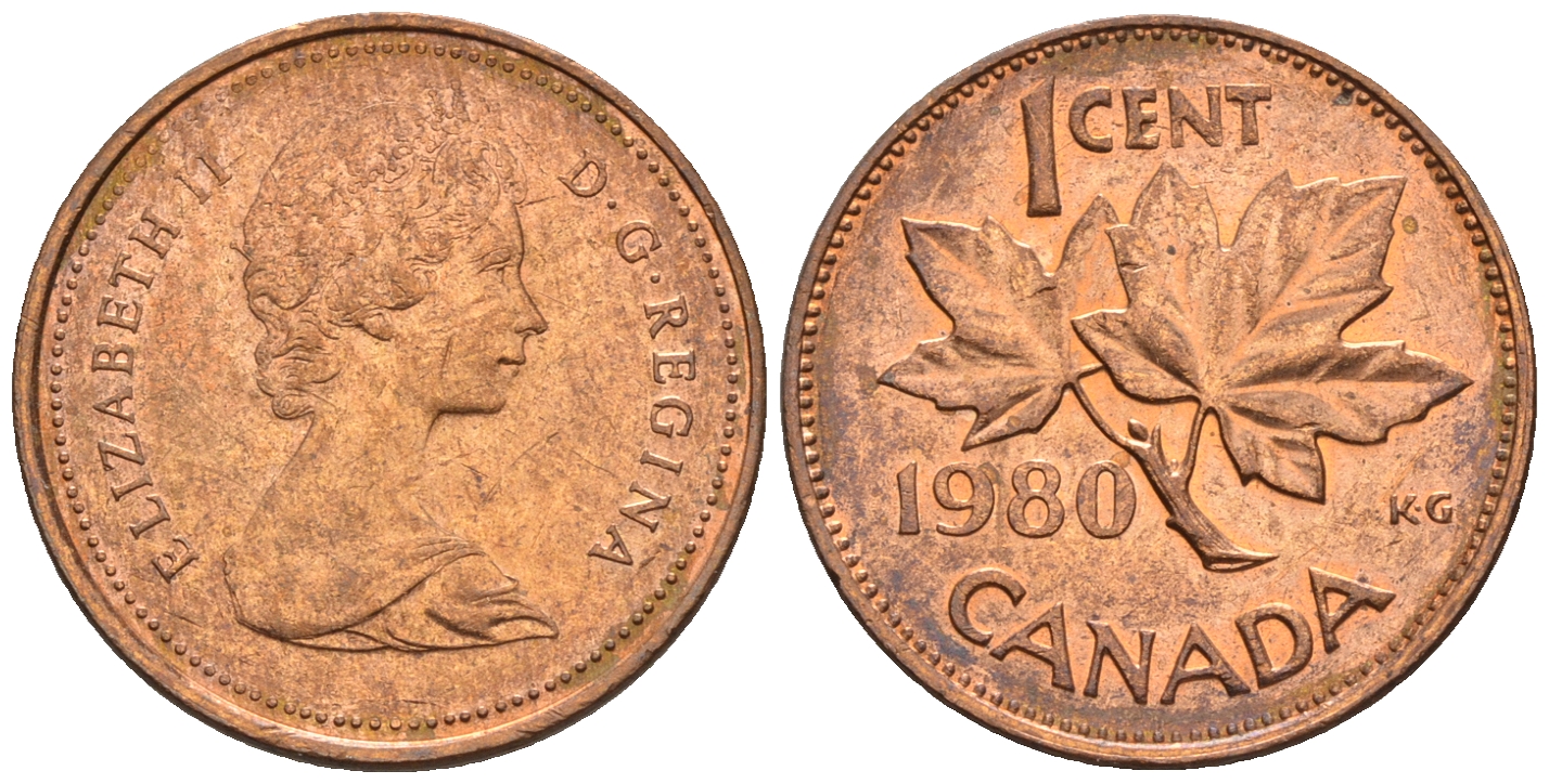 Канада 1 цент 1980 Елизавета II (1952-2022), кленовый лист KM 127 бронза 4609-153
