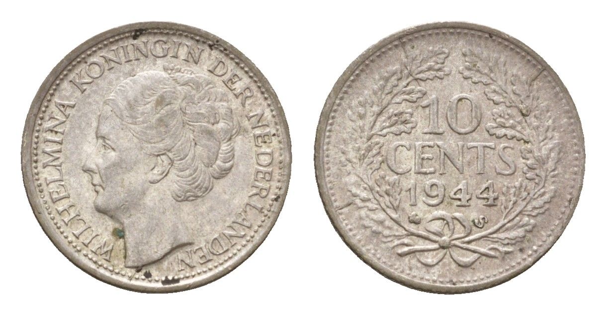 Нидерланды 10 центов 1944 Вильгельмина (1890-1948) KM 163 серебро aUNC 4669-1215