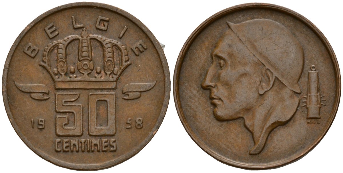 Бельгия 50 сантимов 1958 Belgie, Бодуэн I (1951-1993) KM 149 бронза 4189-854