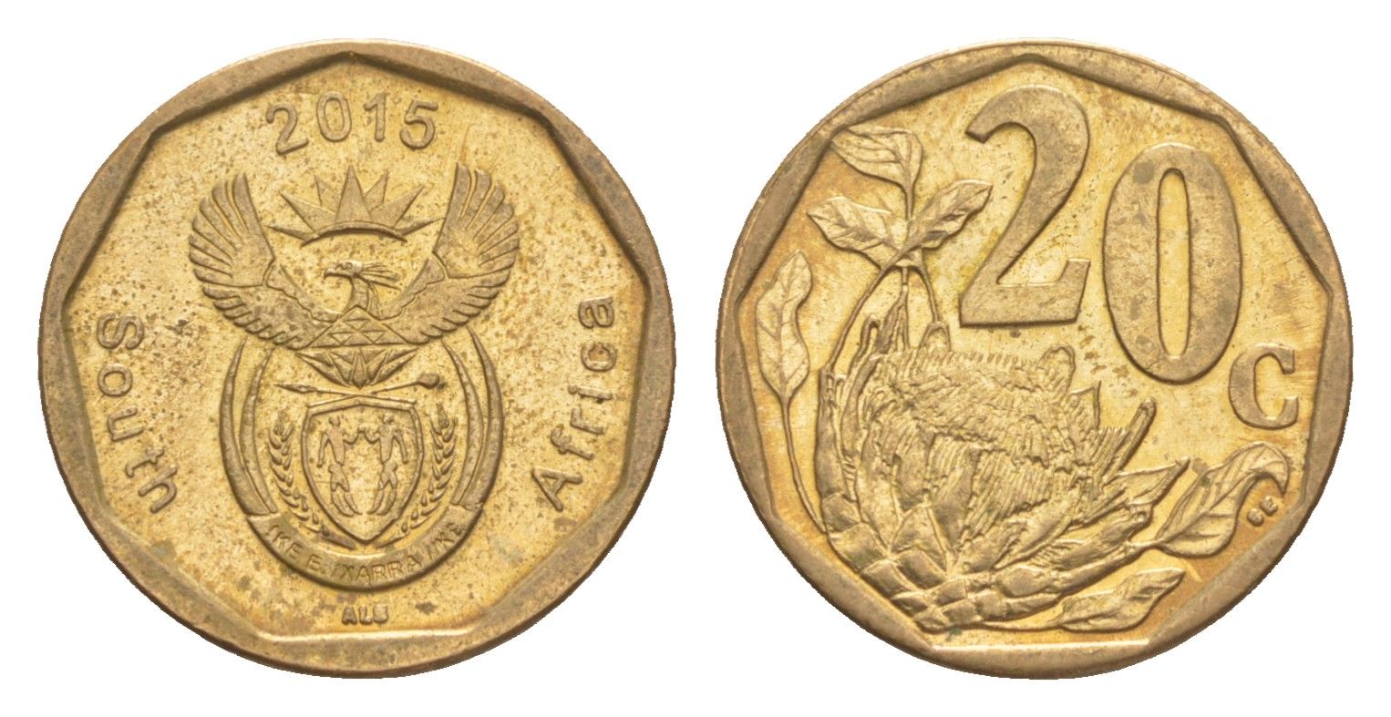 ЮАР 20 центов 2015 герб, цветок протея KM 270 сталь плакированная бронзой UNC 4618-613
