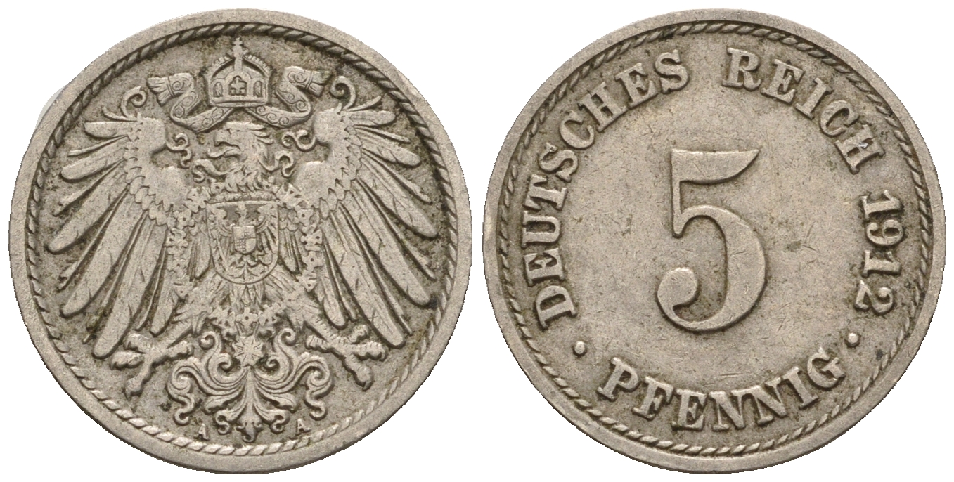 Германия 5 пфеннигов 1912 A, KM 11, J. 12 медно-никель 220-624