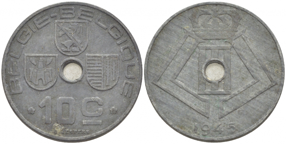 БЕЛЬГИЯ 10 САНТИМОВ 1945 BELGIE-BELGIQUE KM 126 цинк 87-1411