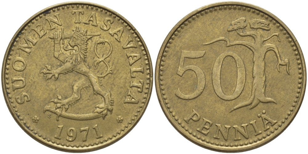 ФИНЛЯНДИЯ 50 ПЕННИ 1971 S KM 48 алюминиевая бронза 28-137