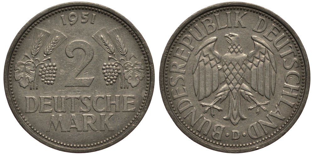 ФРГ 2 марки  1951 D J 386, KM 111 медно-никель плакированный никелем 3711-543