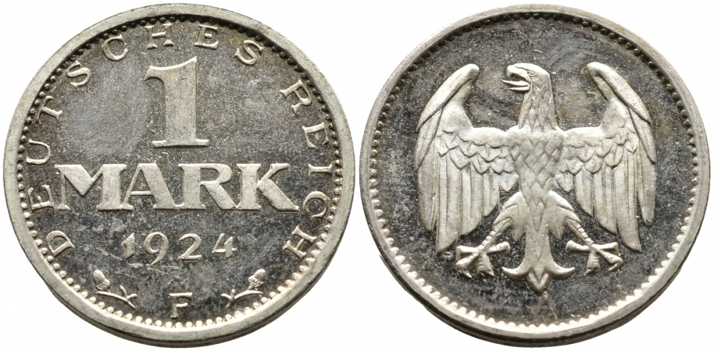 Германия 1 марка 1924 F KM 42, J. 311, Weege 14 серебро PROOF 00-817-57