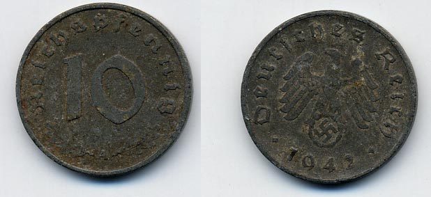 ГЕРМАНИЯ 10 РЕЙХСПФЕННИГОВ 1942 A KM 101, J 371 цинк 36-943