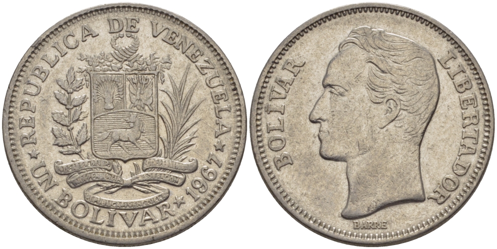 Венесуэла 1 боливар 1967 Симон Боливар KM 42 никель 31-521