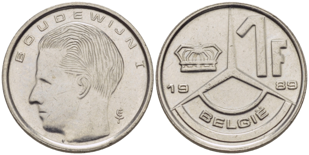 БЕЛЬГИЯ 1 ФРАНК 1989 BELGIE KM 141 железо плакированное никелем 66-442