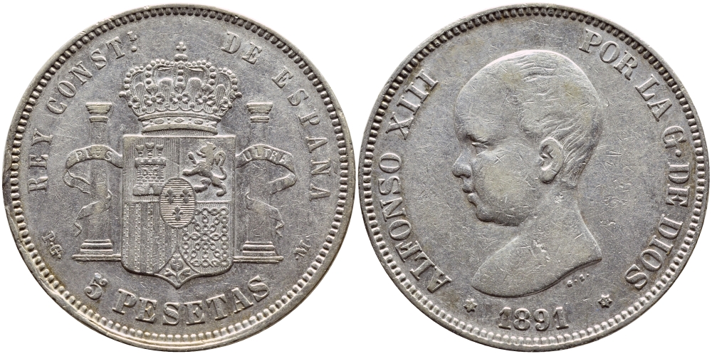 Испания 5 песет 1891 PG-M, Альфонсо XIII (1886-1931) KM 689 серебро 02-252-25