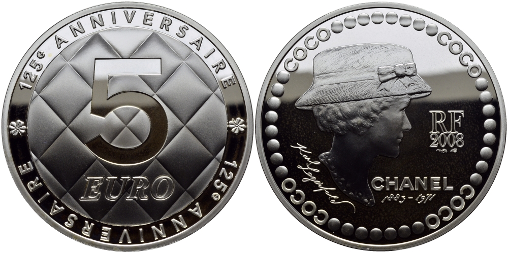 Франция 5 евро 2008 125 лет со дня рождения Коко Шанель KM 1567 серебро PROOF 1068-10-61