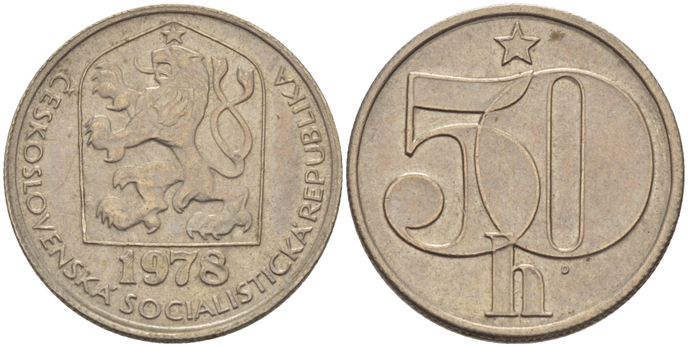 ЧЕХОСЛОВАКИЯ 50 ГЕЛЛЕРОВ 1978 СОЦИАЛИСТИЧЕСКАЯ РЕСПУБЛИКА KM 89 медно-никель 4385-542