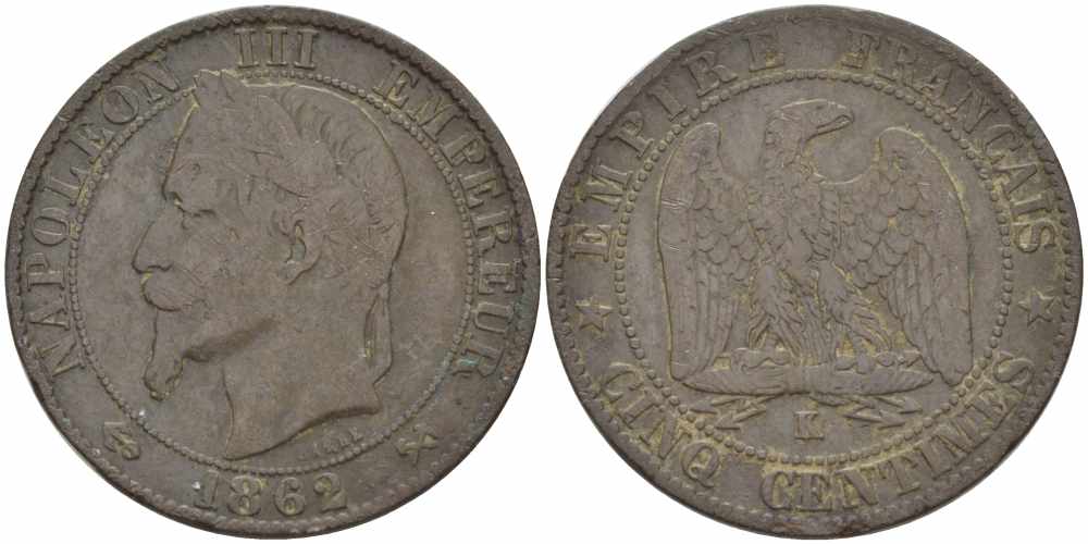 ФРАНЦИЯ 5 САНТИМОВ 1862 K, НАПОЛЕОН III (1852-1870) KM 797.3, LE FRANC 117.7 бронза 108-535