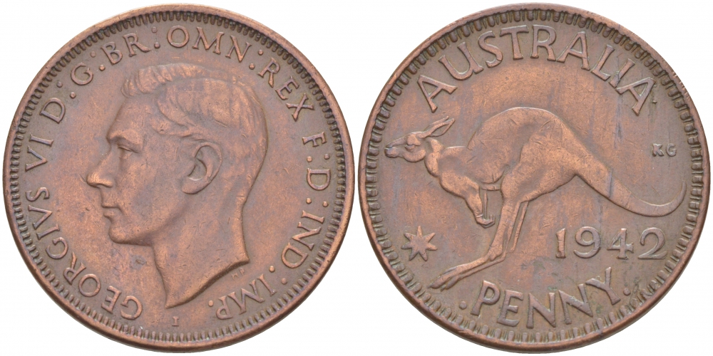Австралия 1 пенни 1942 b, Георг VI (1936-1952), кенгуру, с буквой I KM 36 бронза 4403-926