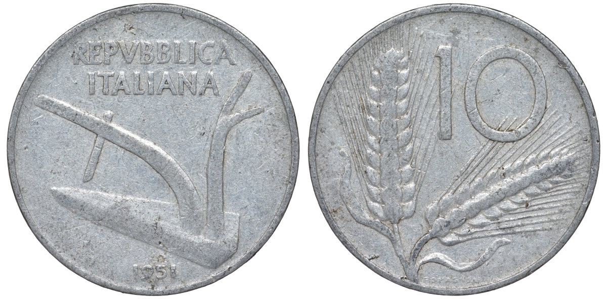 Италия 10 лир 1951 R, колосья KM 93 алюминий 4543-435